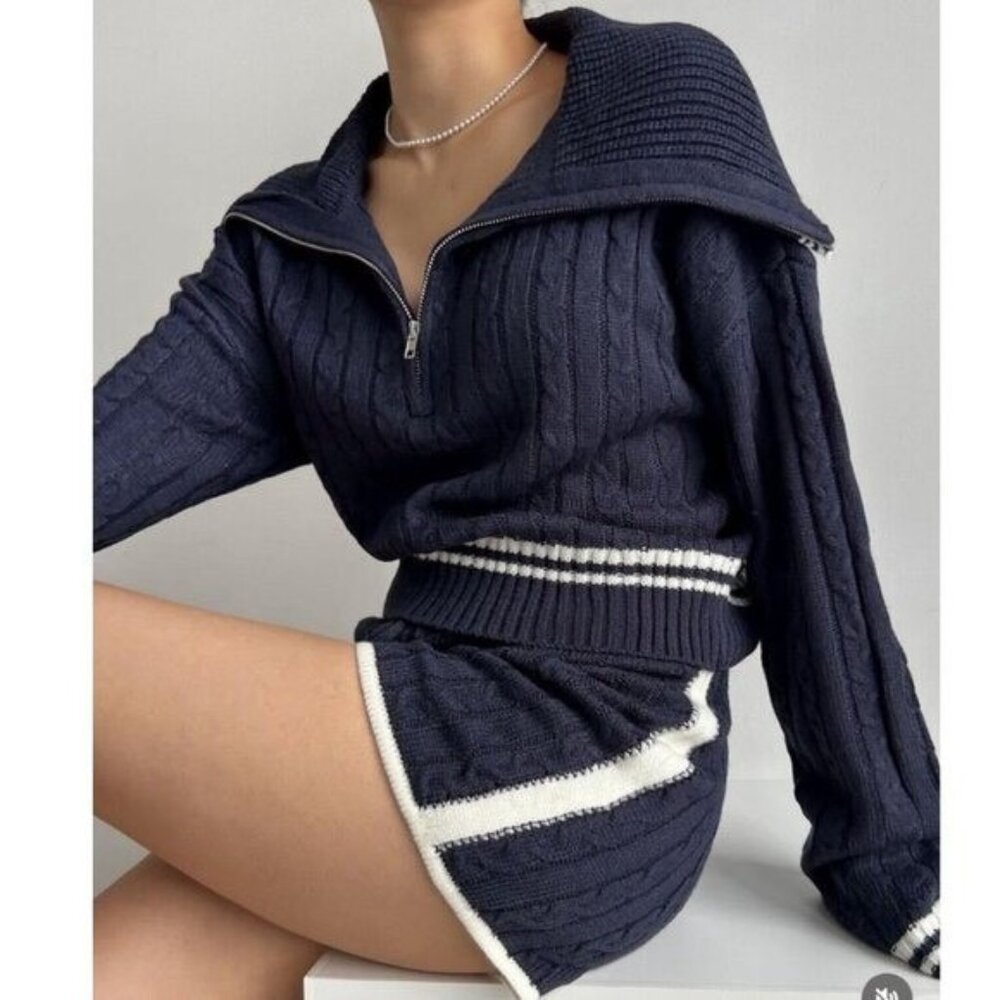 Women Outfit Two Piece Set Crop Sweater-Shorts Knit Blue Size M Sailor Neck - Picture 5 of 16
